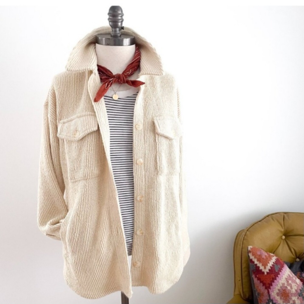 Thread & Supply Harlow Ribbed Shirt Jacket Small Cream Relaxed Fit